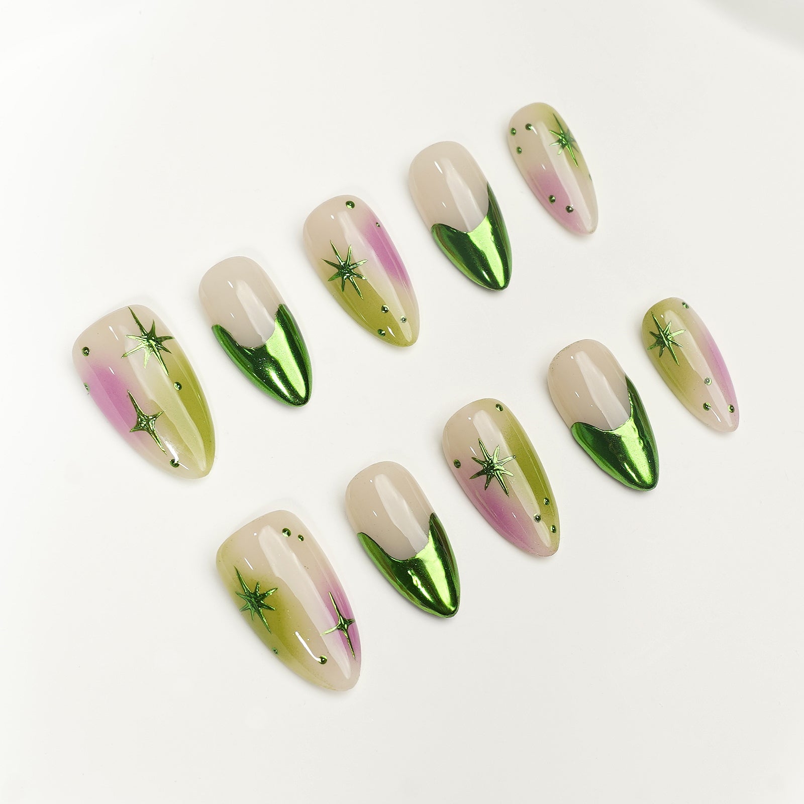 Siva Nail, Verdant Whimsy, Ombre Artistic Green und Purple, handgemachte Nagelpresse