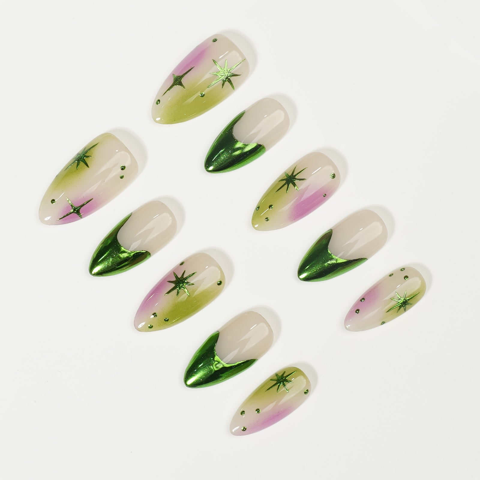 Siva Nail, Verdant Whimsy, Ombre Artistic Green und Purple, handgemachte Nagelpresse