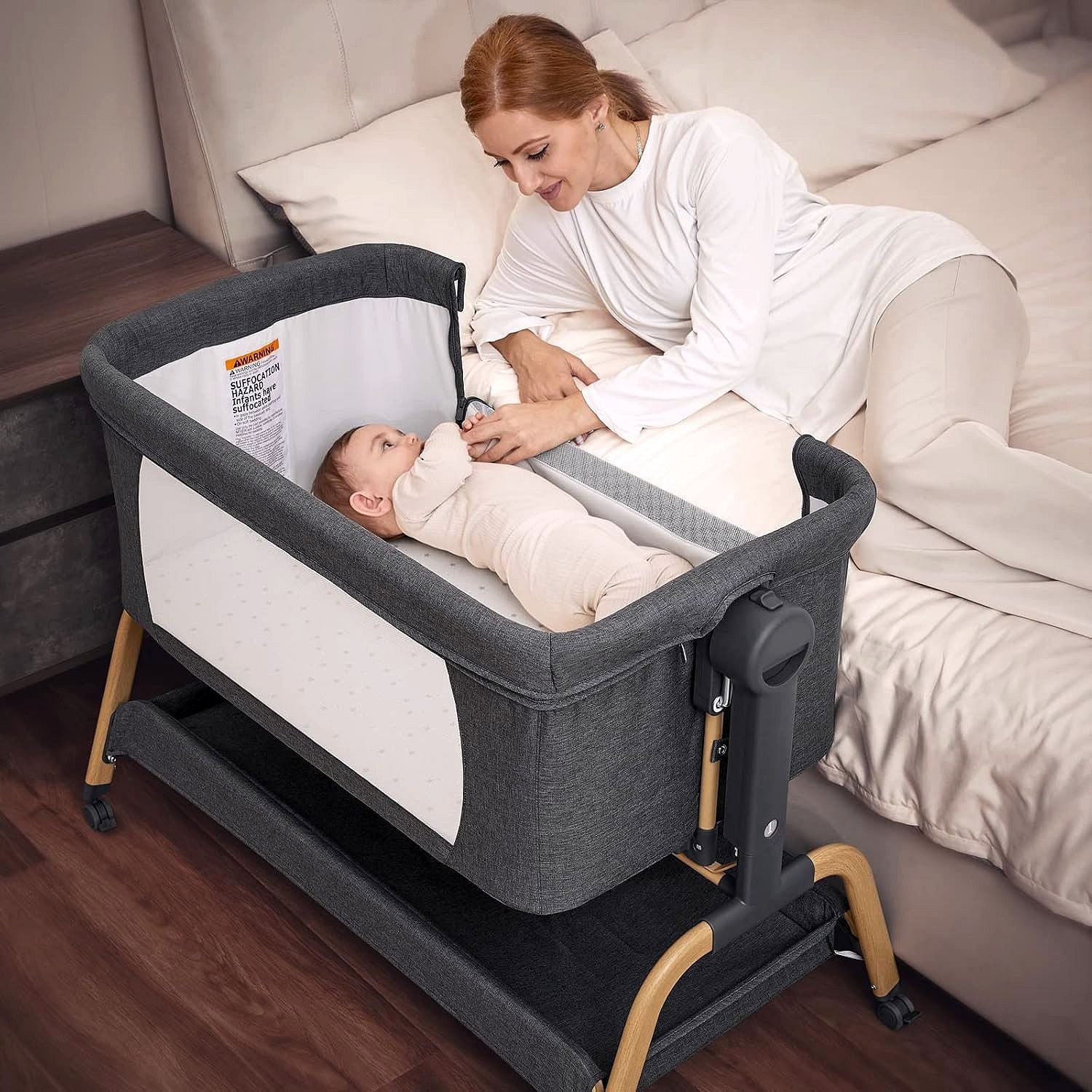 Babywiege / Beistellbett mit Schaukelfunktion, Matratze & Rollen – 3-in-1 für Neugeborene
