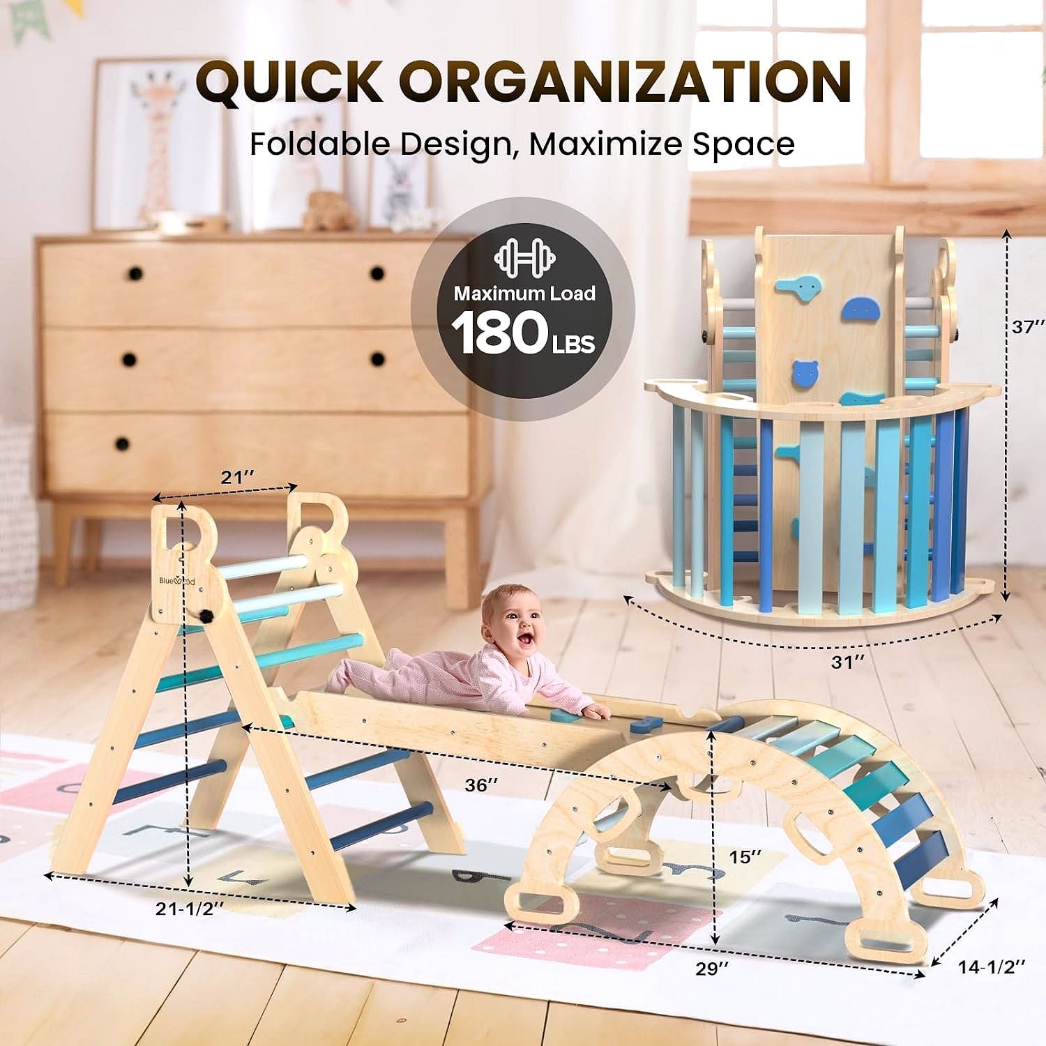 Pikler-Dreieck Set 7-in-1 – Faltbares Baby-Kletterspielzeug aus Holz, Montessori Kletterset mit Bogen, Rampe & Leiter, Indoor Klettergerüst für Kleinkinder – Regenbogen