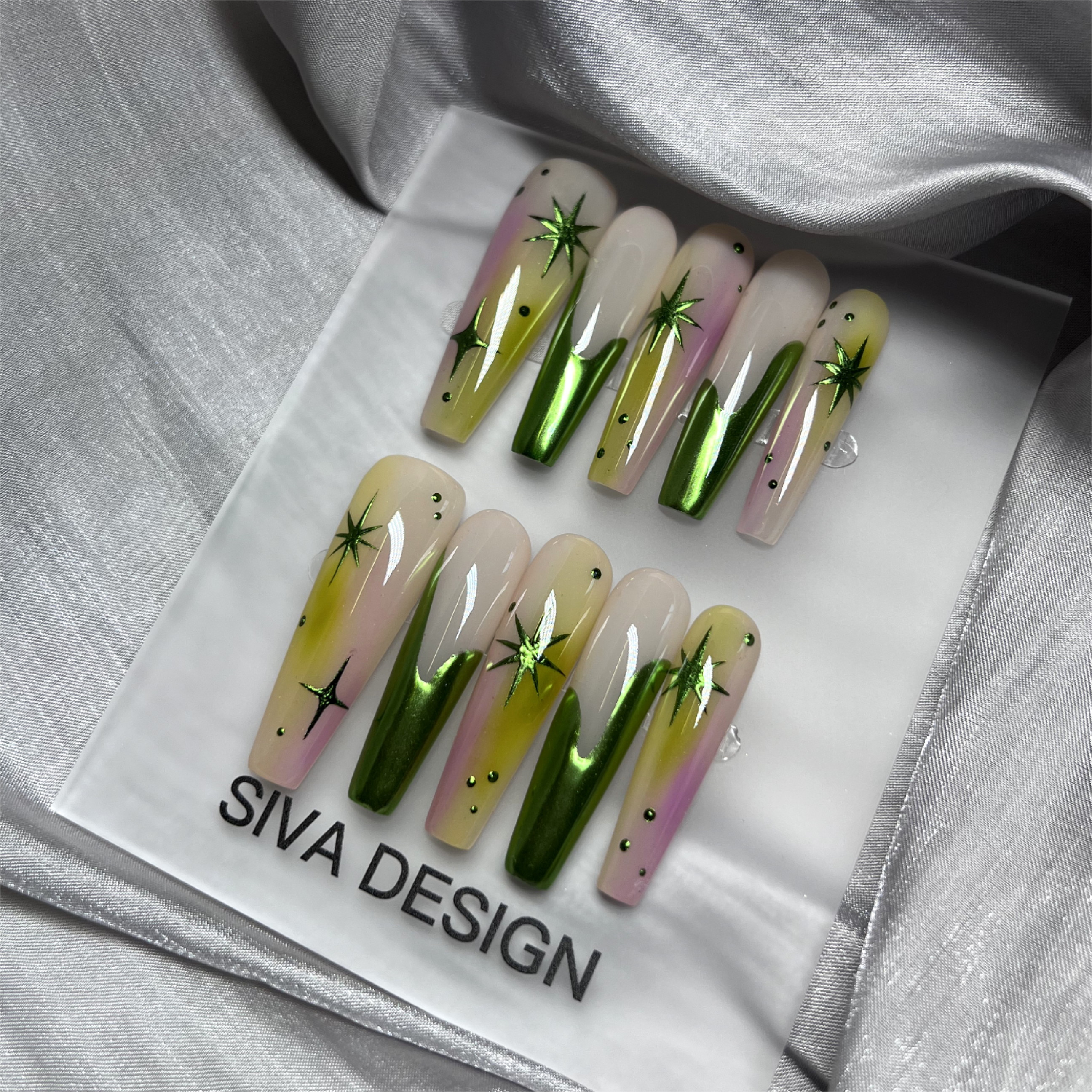 Siva Nail, Verdant Whimsy, Ombre Artistic Green und Purple, handgemachte Nagelpresse