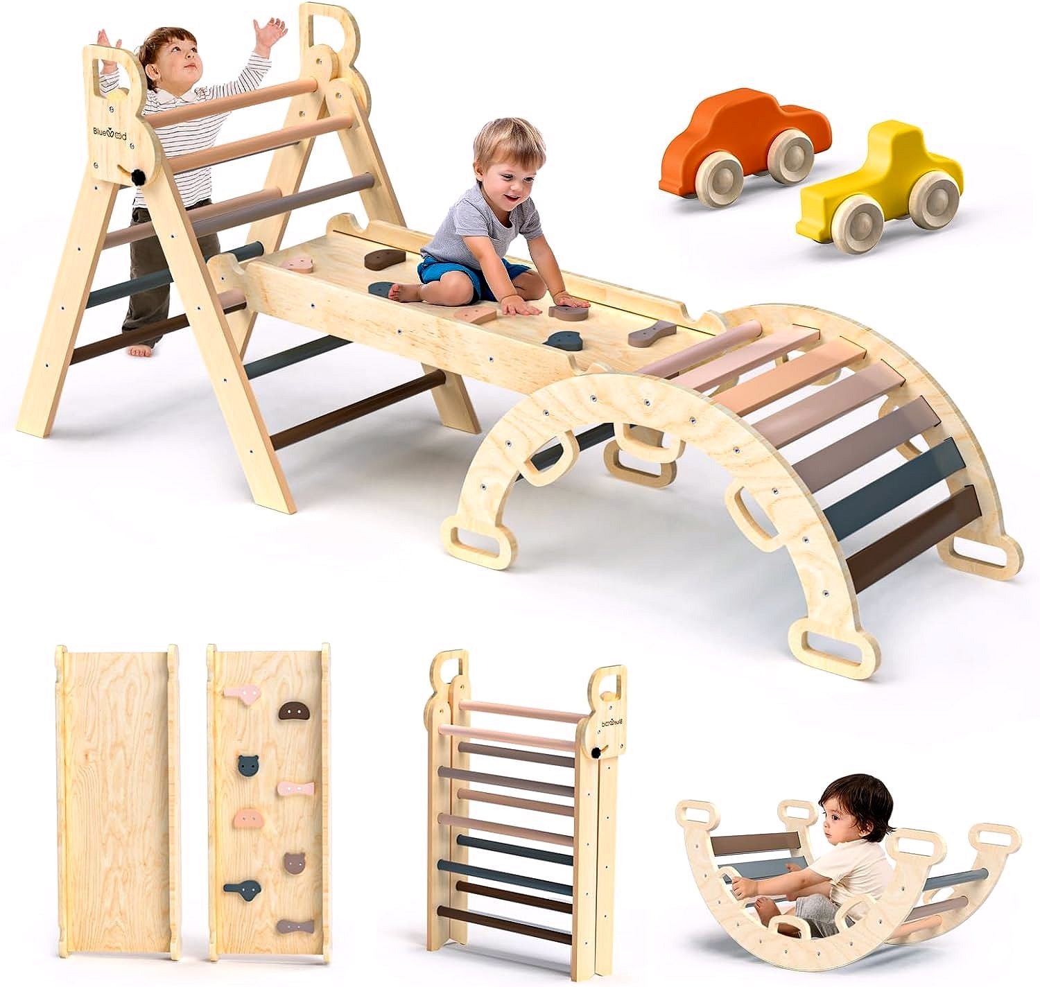 Pikler-Dreieck Set 7-in-1 – Faltbares Baby-Kletterspielzeug aus Holz, Montessori Kletterset mit Bogen, Rampe & Leiter, Indoor Klettergerüst für Kleinkinder – Regenbogen