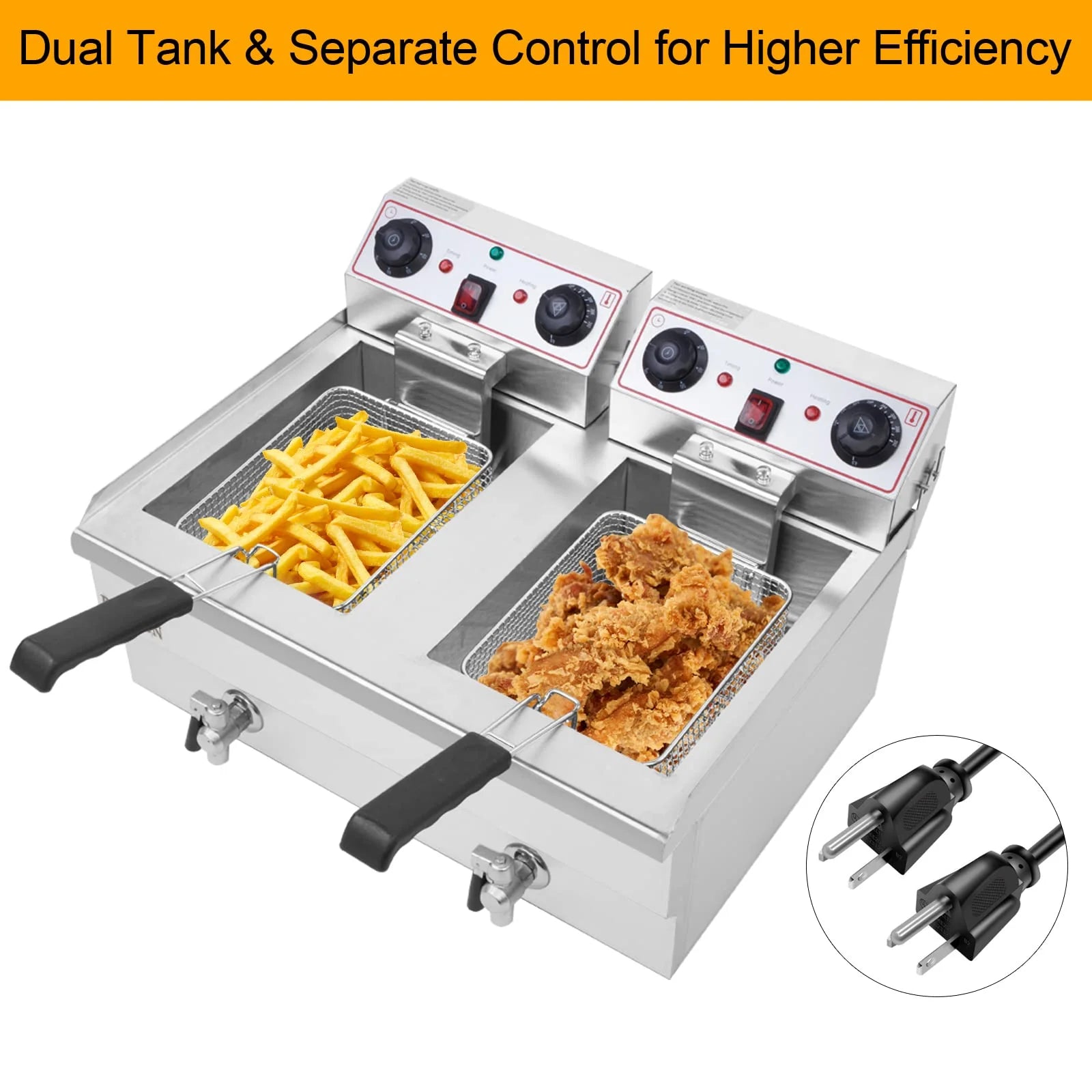 24.9 QT 110V 3400W Double Tank Electric Deep Fryer with Timer & Oil Drain