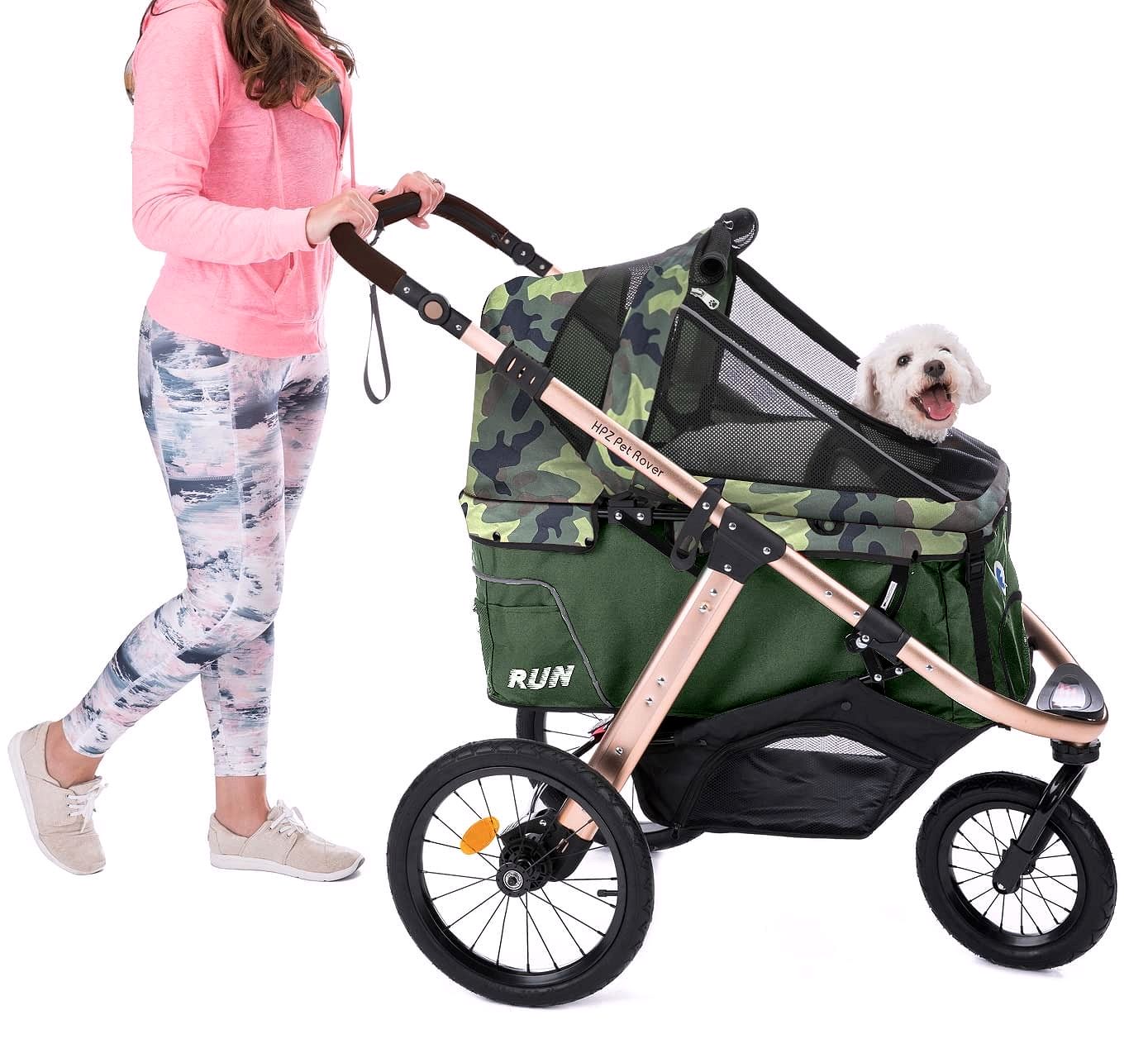 Jogging-Sport-Tierbuggy mit Komfort-Gummirädern / Reißverschlusslosem Einstieg / Einhand-Schnellfaltung / Aluminiumrahmen für kleine & mittelgroße Hunde, Katzen und Haustiere (Grün Camouflage)