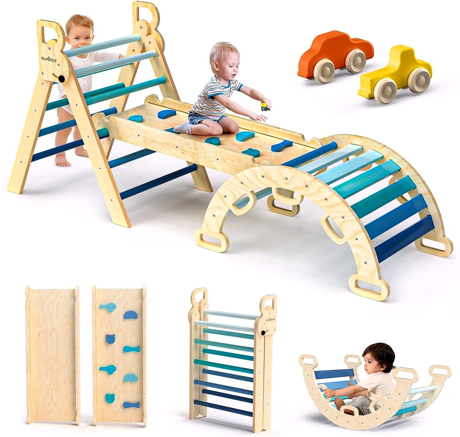 Pikler-Dreieck Set 7-in-1 – Faltbares Baby-Kletterspielzeug aus Holz, Montessori Kletterset mit Bogen, Rampe & Leiter, Indoor Klettergerüst für Kleinkinder – Regenbogen
