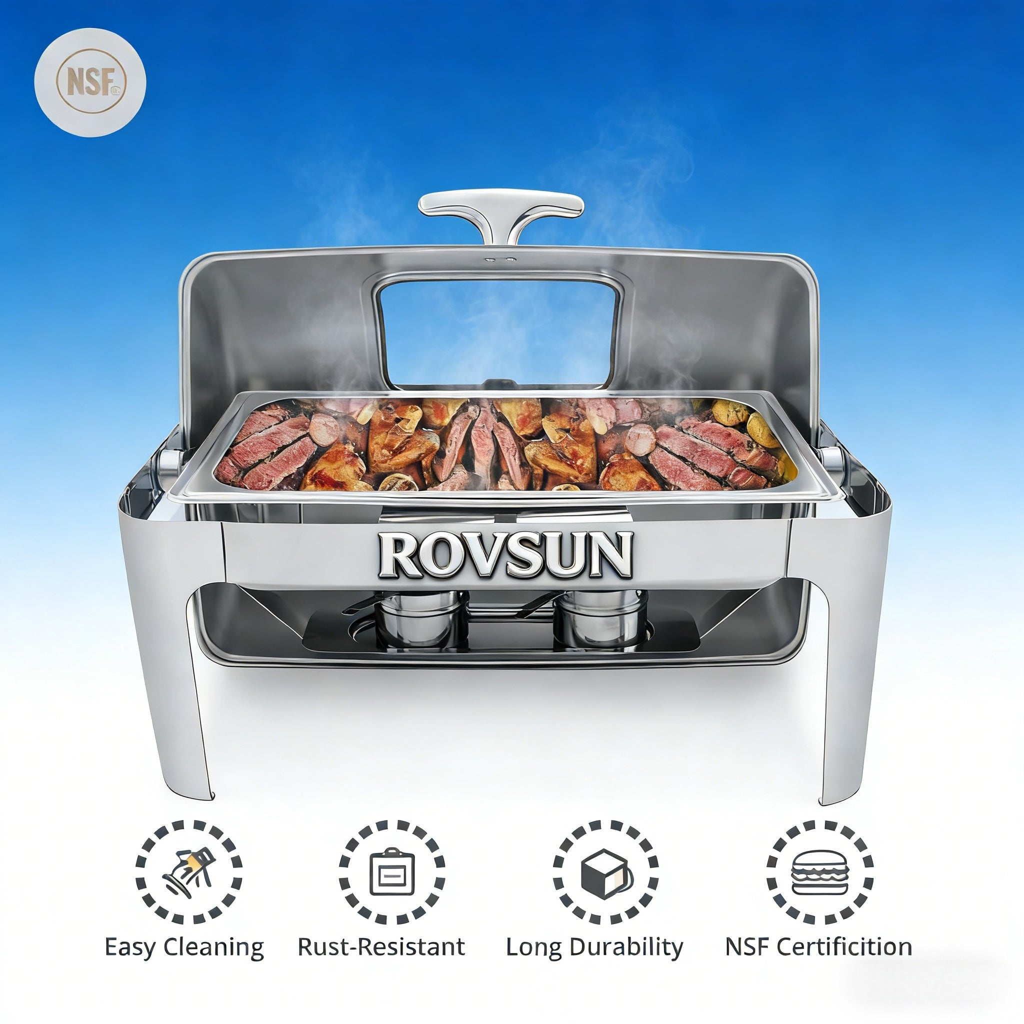 9 QT Roll Top Rectangle Chafing Dish Set with Full Size Pan & Visible Window