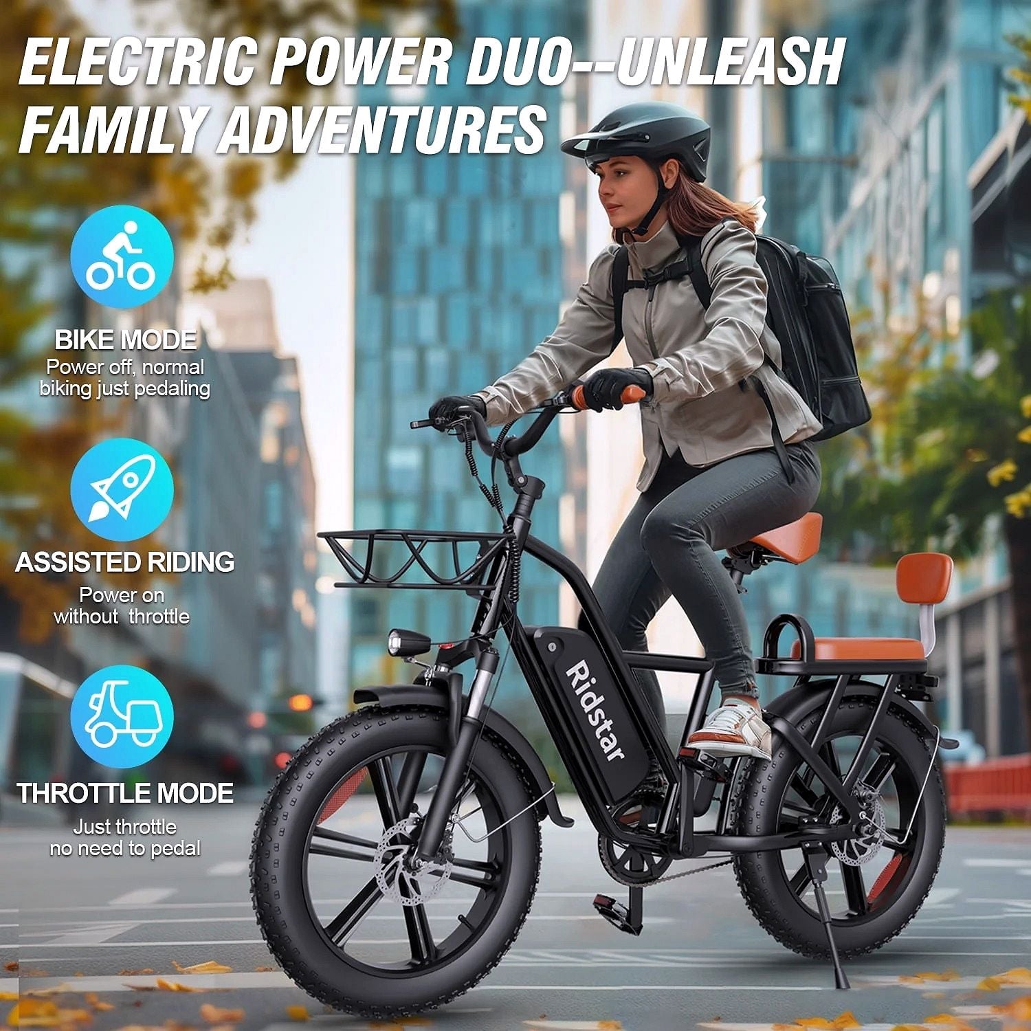Elektrofahrrad für Erwachsene, 750W, 30–70 Meilen Reichweite, 48V 15Ah herausnehmbarer Akku, 20" x 4.0 Fat Tire E-Bike, 2-Sitzer mit Federgabel, UL2849