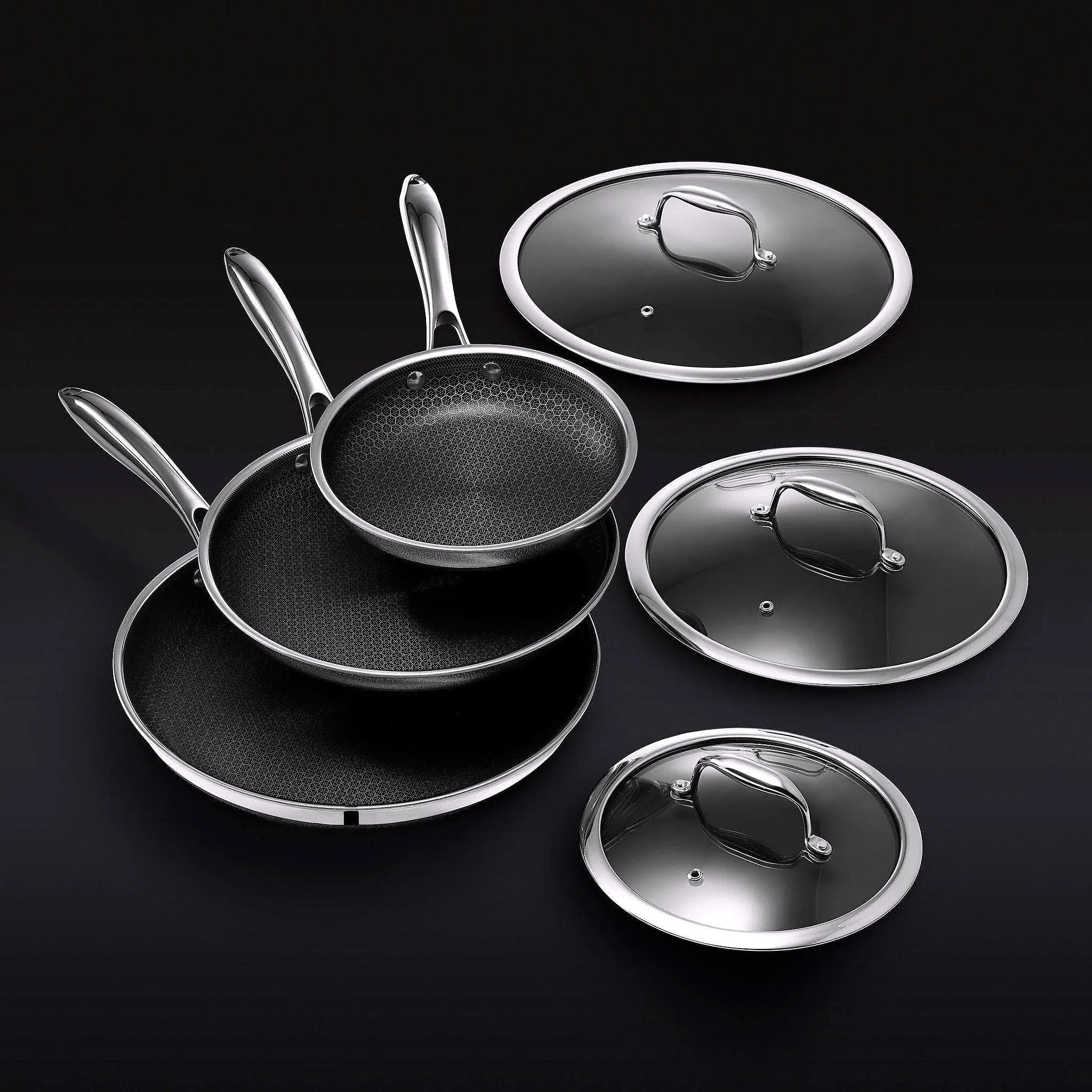 Als heck gab es sechs töpfe aus edelstahl, 8 zoll, 10 zoll, 12 zoll, glasdeckel, größe: eine zahl, schwarz