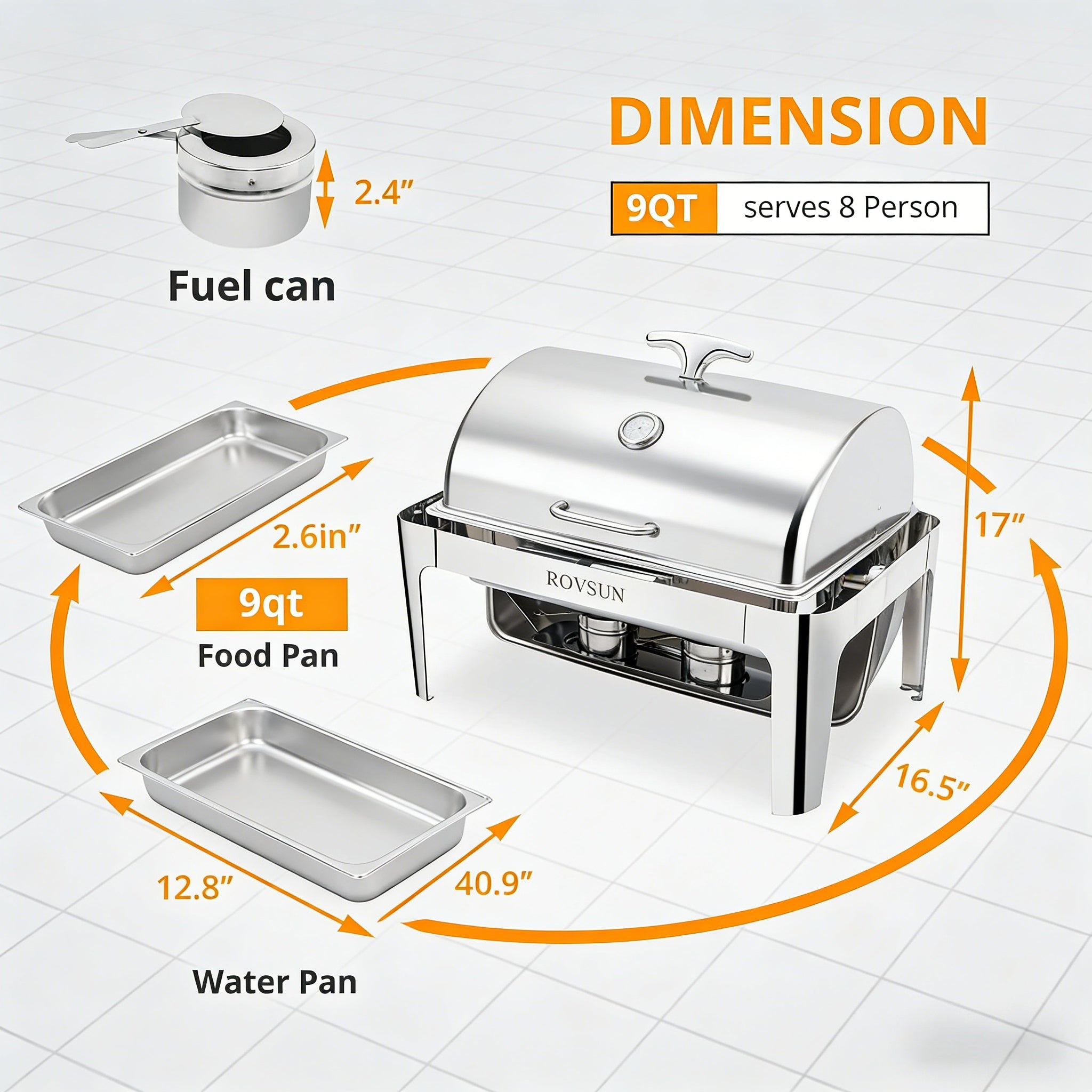 9 QT Roll Top Rectangle Chafing Dish Set with Full Size Pan & Visible Window