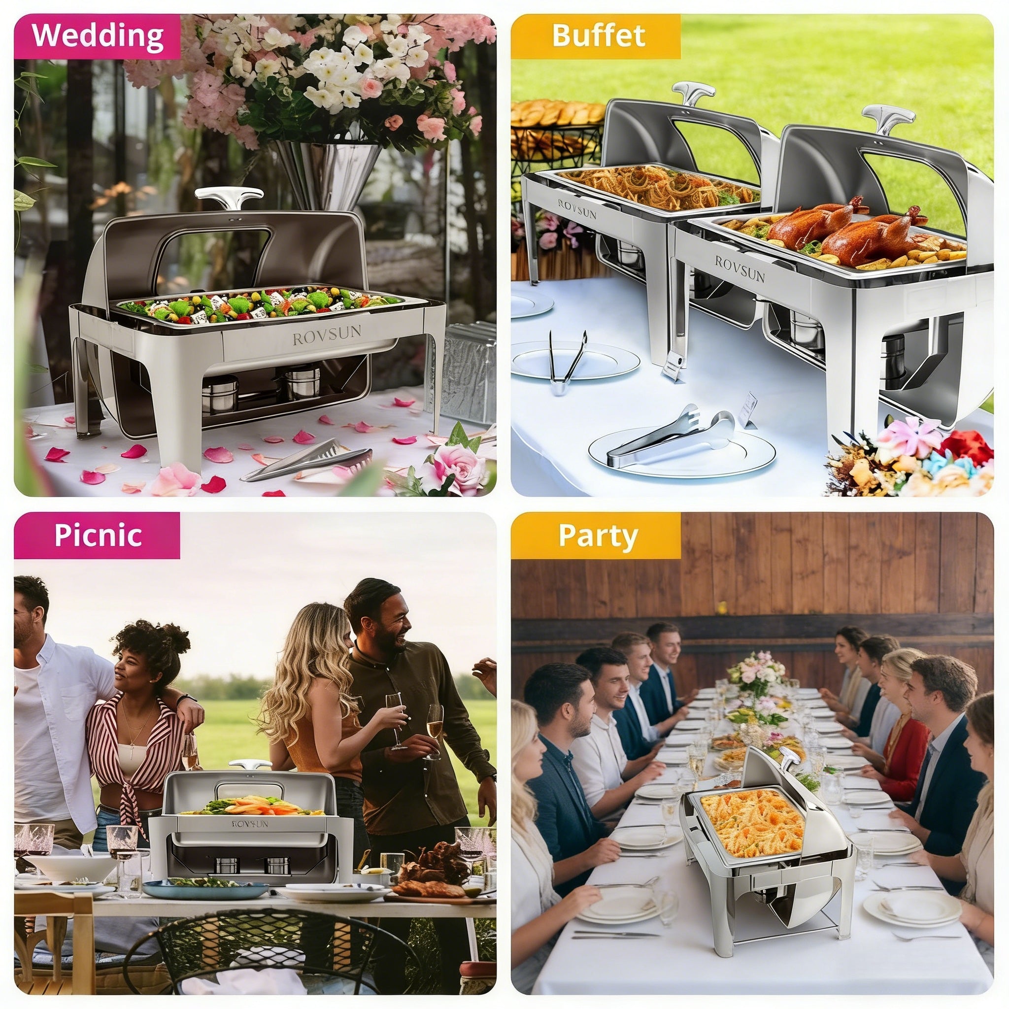 9 QT Roll Top Rectangle Chafing Dish Set with Full Size Pan & Visible Window