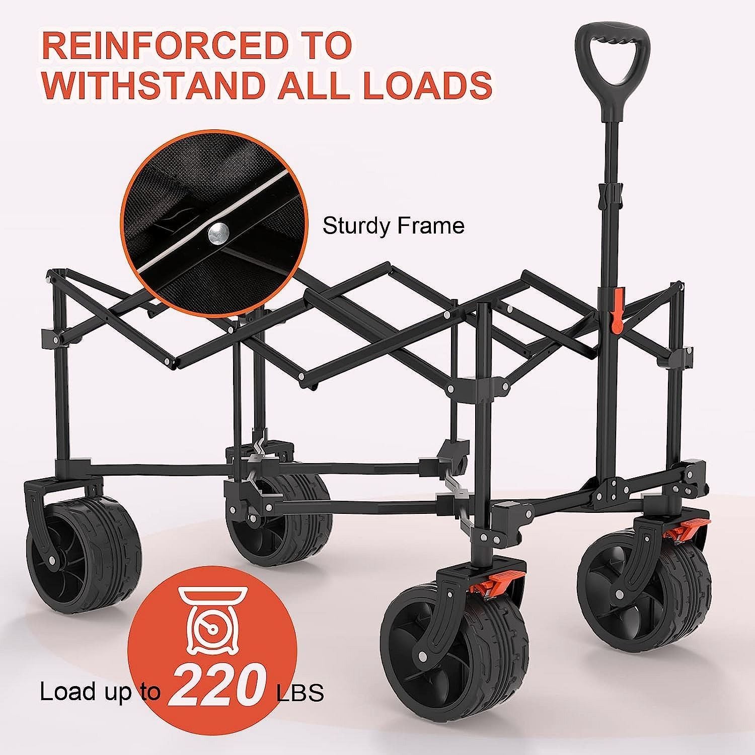 Navatiee Faltbarer Bollerwagen T1 – Schwerlast-Transportwagen mit großen Rädern, klappbarer Strand- & Einkaufswagen mit Seitentasche und Bremsen für Camping, Garten & Sport