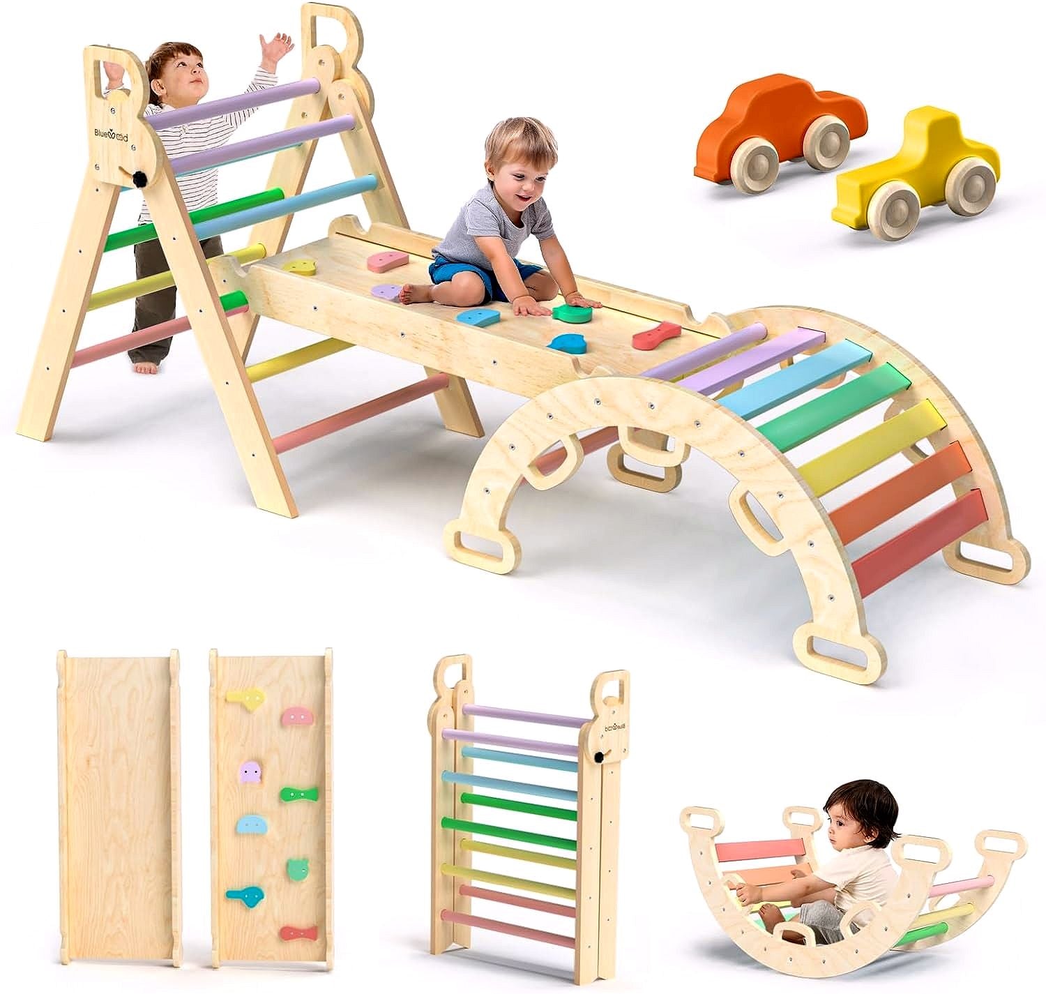Pikler-Dreieck Set 7-in-1 – Faltbares Baby-Kletterspielzeug aus Holz, Montessori Kletterset mit Bogen, Rampe & Leiter, Indoor Klettergerüst für Kleinkinder – Regenbogen