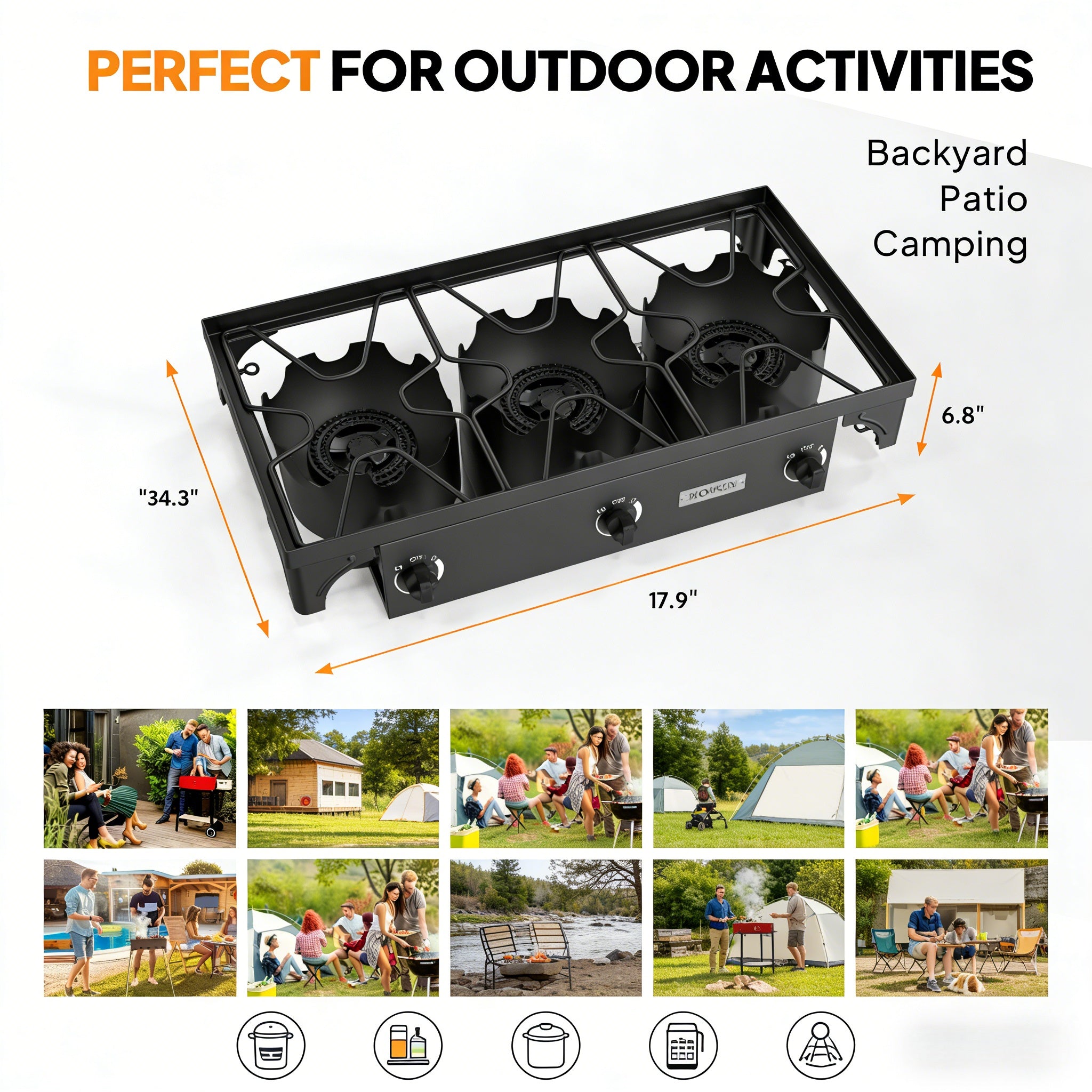 3 Burner 225,000 BTU Outdoor Gas Propane Stove for Camping Cooking