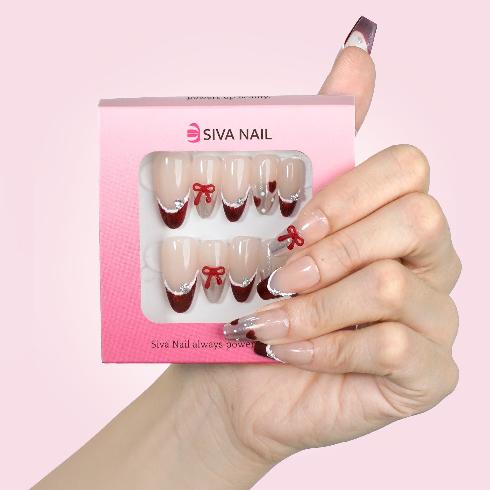 Siva Nail, Scharlachrote Schleife, Valentinstags-Press-on-Nägel