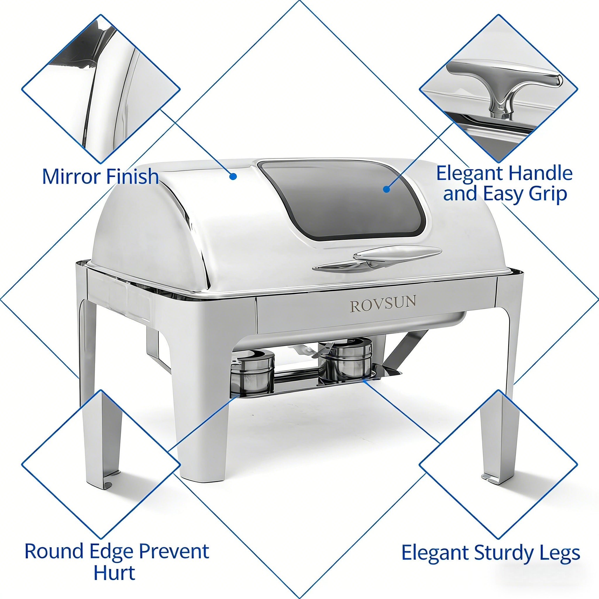 9 QT Roll Top Rectangle Chafing Dish Set with Full Size Pan & Visible Window