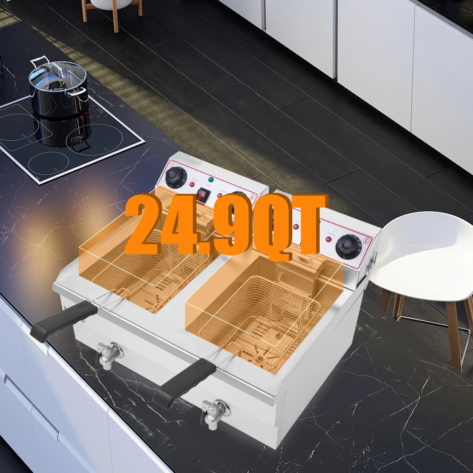 24.9 QT 110V 3400W Double Tank Electric Deep Fryer with Timer & Oil Drain