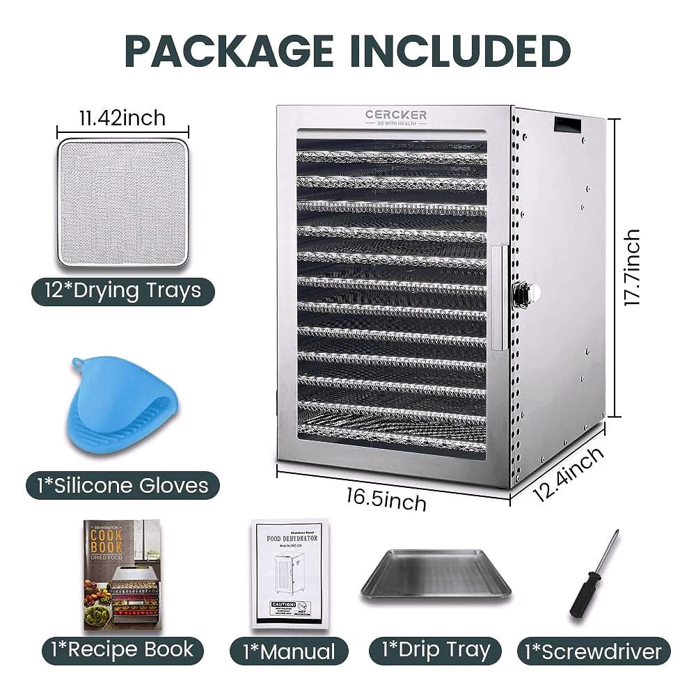 Cercker Lebensmittel-Dörrautomat mit 12 Edelstahl-Einschüben