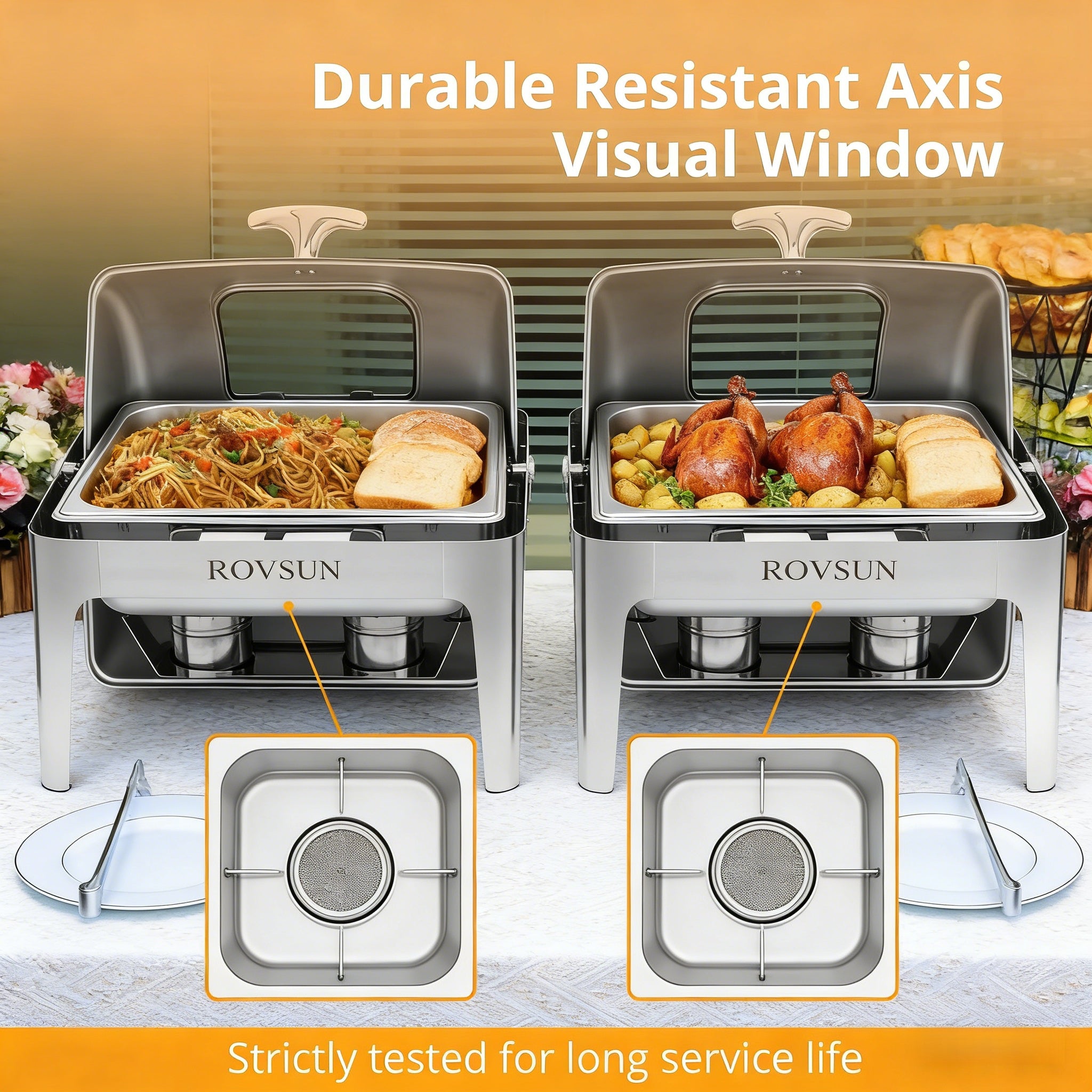 9 QT Roll Top Rectangle Chafing Dish Set with Full Size Pan & Visible Window