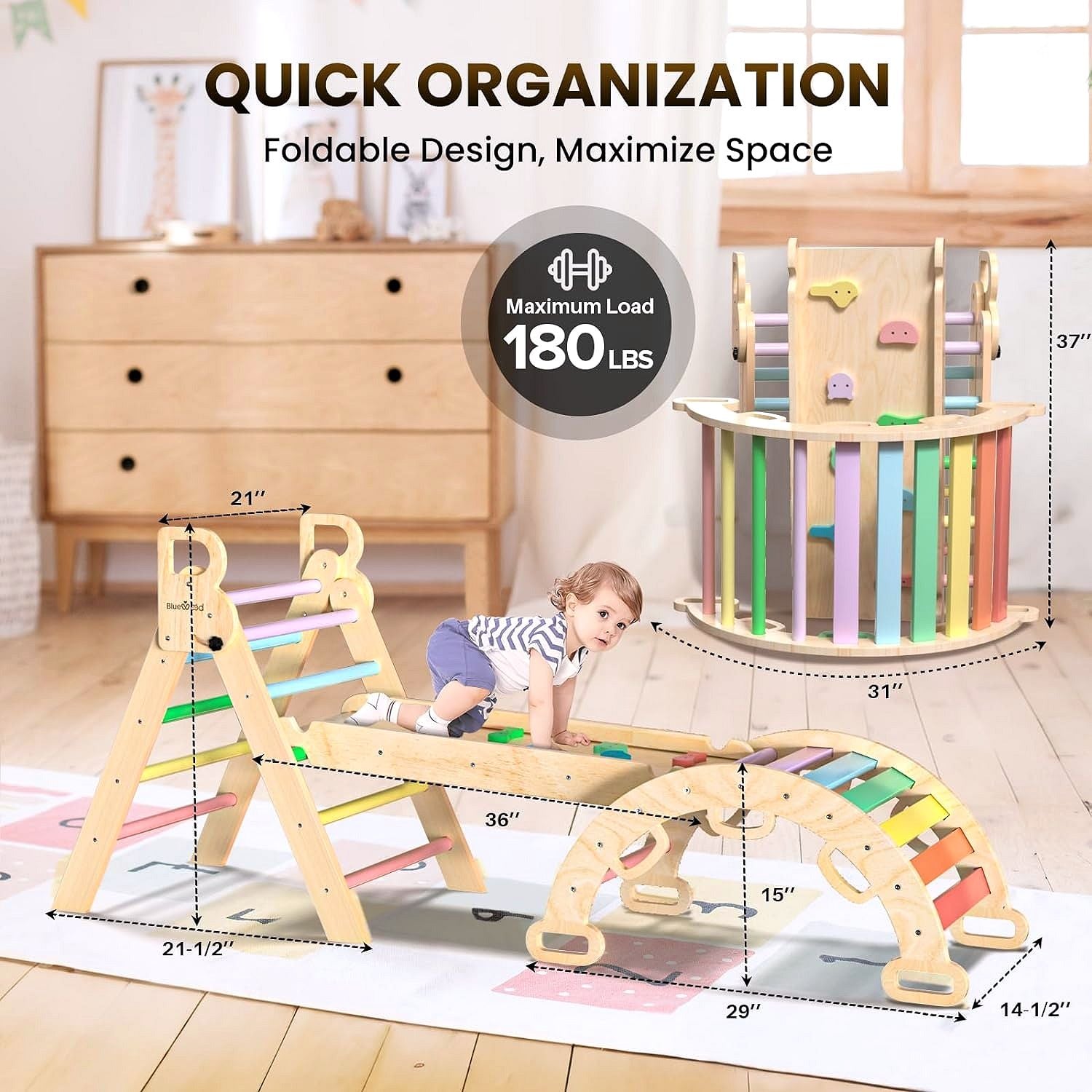 Pikler-Dreieck Set 7-in-1 – Faltbares Baby-Kletterspielzeug aus Holz, Montessori Kletterset mit Bogen, Rampe & Leiter, Indoor Klettergerüst für Kleinkinder – Regenbogen