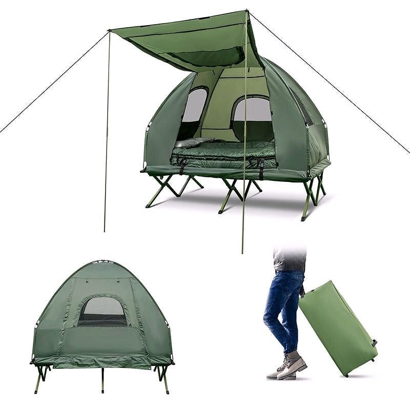 5-in-1 Zelt-Campingbett für 2 Personen – Tragbares Outdoor-Tent-Combo mit Luftmatratze, Schlafsäcken & Sonnenschutz