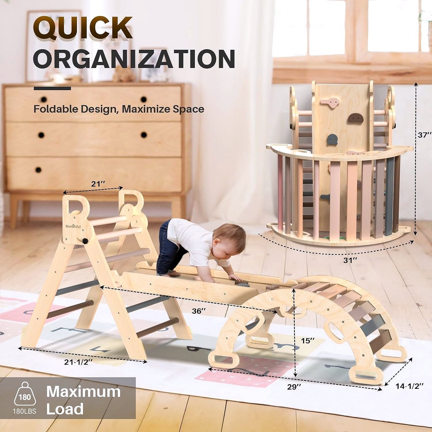 Pikler-Dreieck Set 7-in-1 – Faltbares Baby-Kletterspielzeug aus Holz, Montessori Kletterset mit Bogen, Rampe & Leiter, Indoor Klettergerüst für Kleinkinder – Regenbogen
