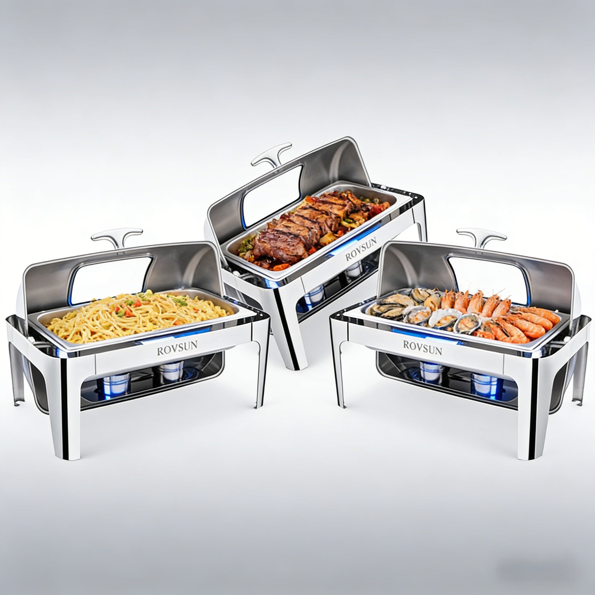 9 QT Roll Top Rectangle Chafing Dish Set with Full Size Pan & Visible Window