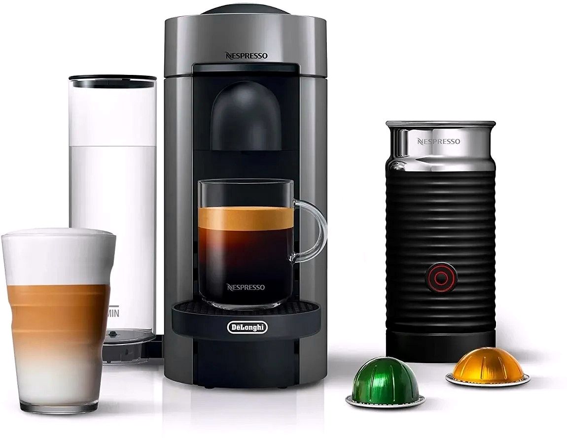 Nespresso Vertuo Plus Kaffee- und Espressomaschine von De'Longhi, Grau, mit Aeroccino Milchaufschäumer
