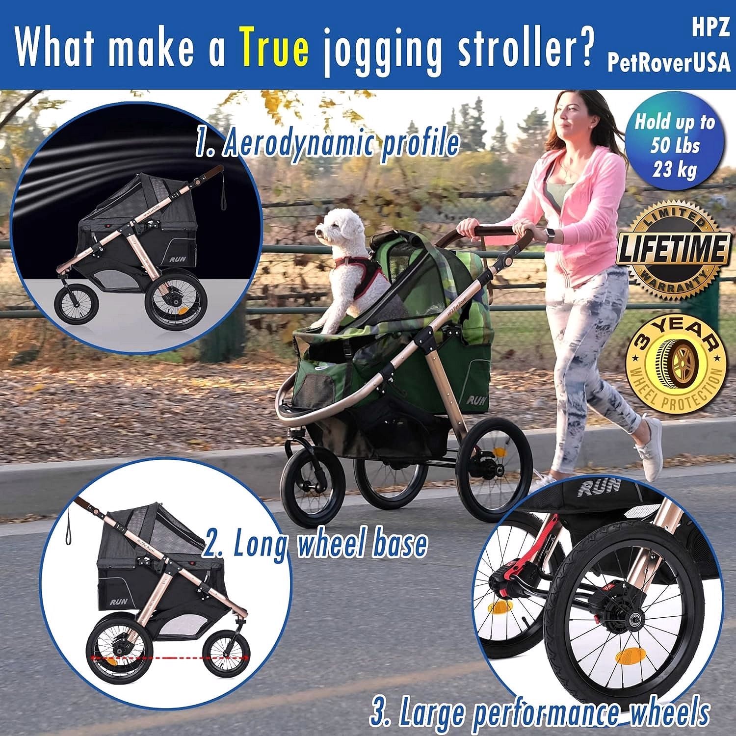 Jogging-Sport-Tierbuggy mit Komfort-Gummirädern / Reißverschlusslosem Einstieg / Einhand-Schnellfaltung / Aluminiumrahmen für kleine & mittelgroße Hunde, Katzen und Haustiere (Grün Camouflage)