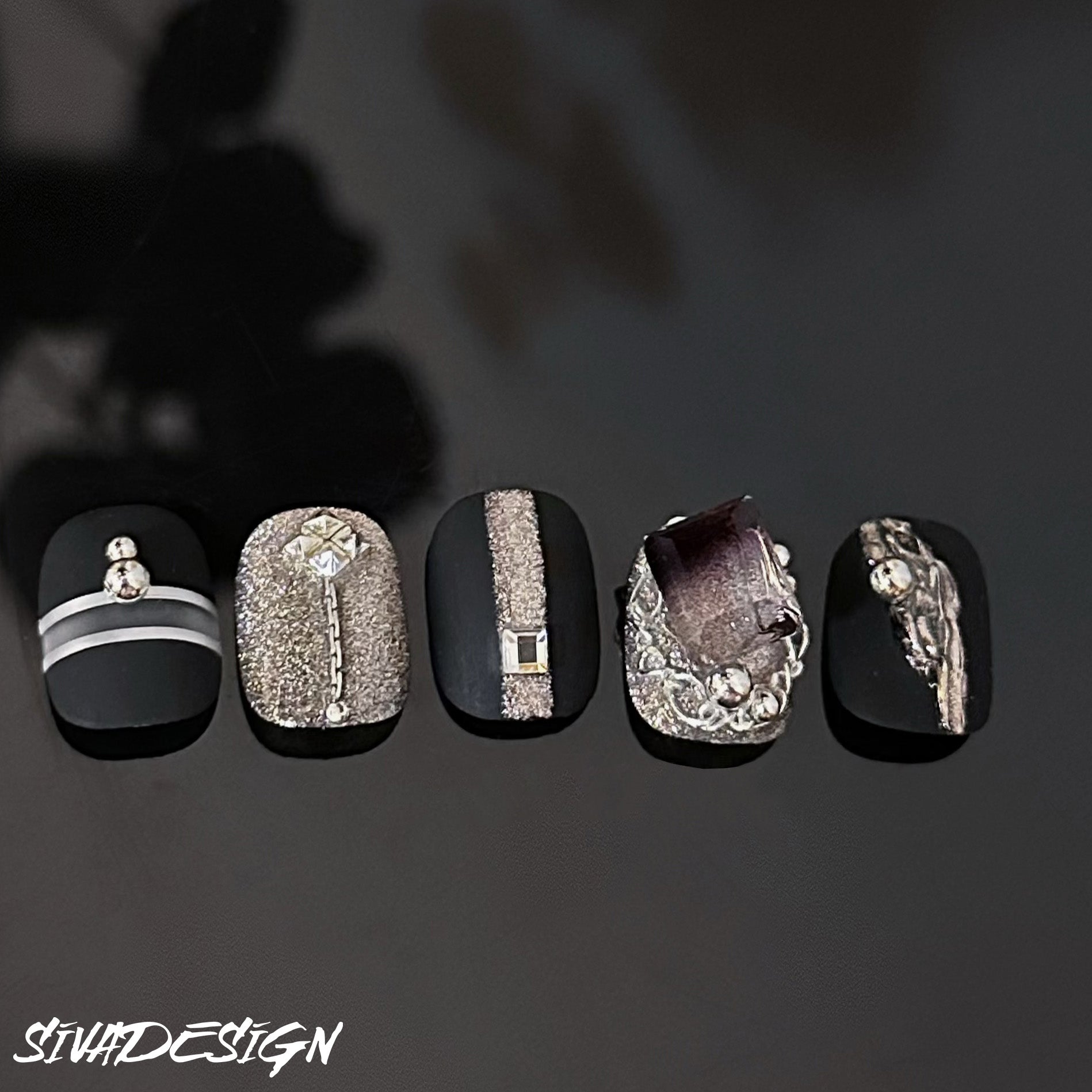 Siva Nail, Midnight Glam, Metallic Luxus handgemachte Press on Nails